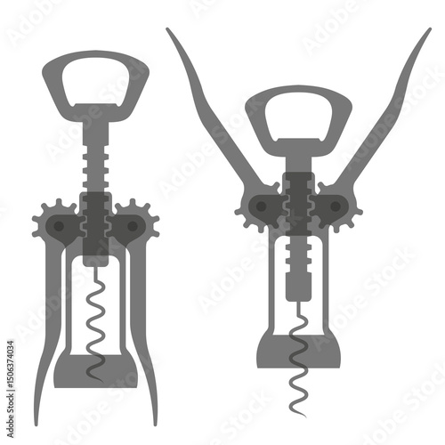 Transparent wing corkscrew, corkscrew device in different positions. Wing corkscrew set. Flat vector illustration isolated on white background.