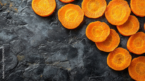 Top-view carrot slices fill the frame in a seamless pattern with caption space—symbolizing health, vitality, natural simplicity, and the vibrant rhythm of plant-based nutrition.
