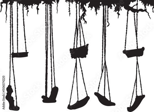 Silhouette of Empty Swings Hanging from Tree Branches, Playground Illustration Art