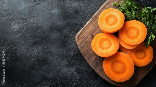 Top-view carrot slices fill the frame in a seamless pattern with caption space—symbolizing health, vitality, natural simplicity, and the vibrant rhythm of plant-based nutrition.
