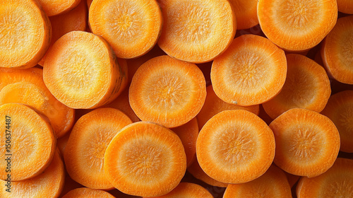 Top-view carrot slices fill the frame in a seamless pattern with caption space—symbolizing health, vitality, natural simplicity, and the vibrant rhythm of plant-based nutrition.
