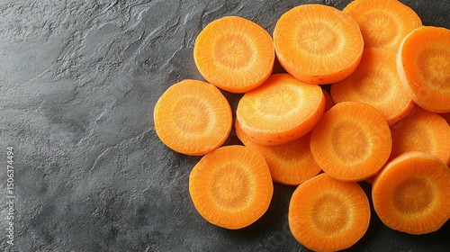 Top-view carrot slices fill the frame in a seamless pattern with caption space—symbolizing health, vitality, natural simplicity, and the vibrant rhythm of plant-based nutrition.
