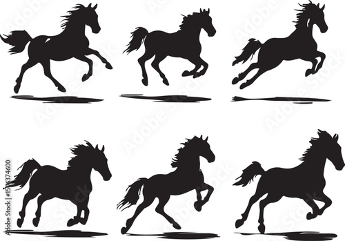 Black Silhouette of Running Horses Vector Illustration Equestrian Art Design