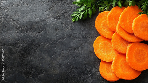 Top-view carrot slices fill the frame in a seamless pattern with caption space—symbolizing health, vitality, natural simplicity, and the vibrant rhythm of plant-based nutrition.
