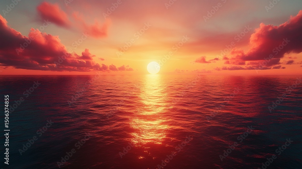 Fototapeta premium Oceanic grandeur: A vibrant sunset mirroring on the tranquil water surface