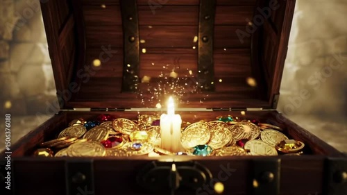 Wallpaper Mural The treasure box opens slowly then the gold coins come out.  Generative AI. Torontodigital.ca