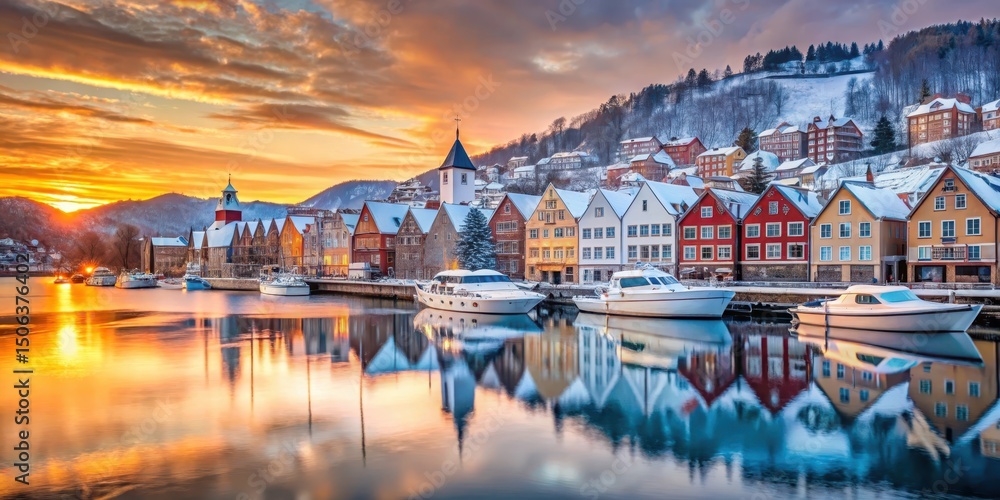 Fototapeta premium Frozen Bergen harbor with snow-covered houses and boats at sunrise in a serene winter landscape