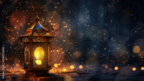 Ornate lantern with warm glow, bokeh background