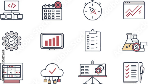Systematic Strategy Icons: A cohesive collection of clean, minimalist icons meticulously designed to visually communicate the core elements of business strategy and project management.
