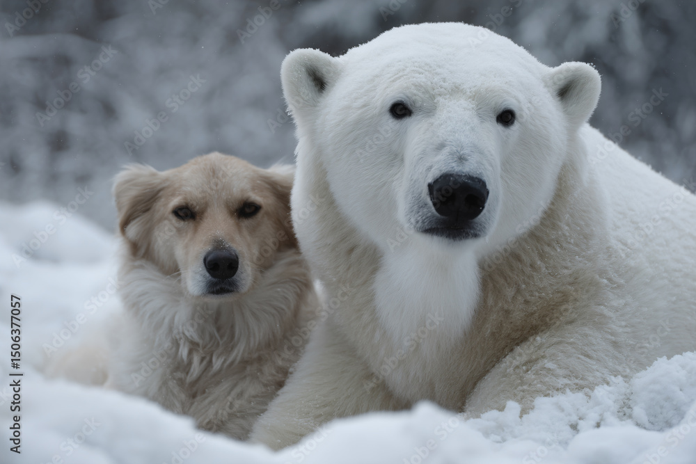 a polar bear and a dog sitting in the snow a polar bear and a dog sitting in the snow