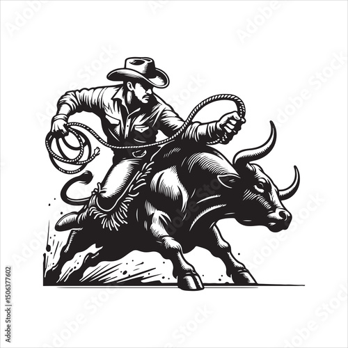 Bull Rodeo Showdown – Cowboy Riding a Bucking Bull in Action

