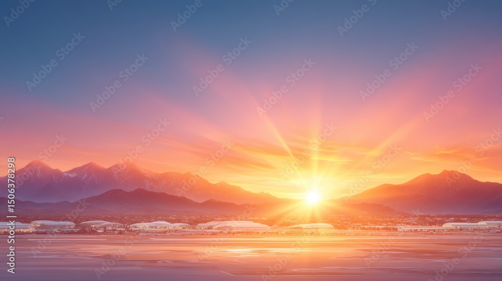 Fototapeta premium Majestic Sunset over Mountain Range and Cityscape