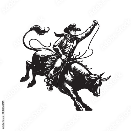 Bull Rodeo Showdown – Cowboy Riding a Bucking Bull in Action

