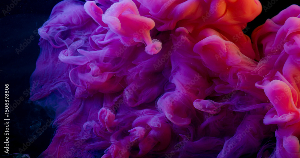 Obraz premium Steam flow. Colorful fog. Bright purple cloud swirl spilling in art black background. Acid ink drop mix haze glow defocused liquid.