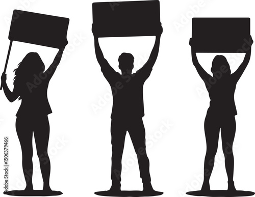 Silhouette of Protesters Holding Signs: Demonstration, Activism, Social Justice, Vector Image