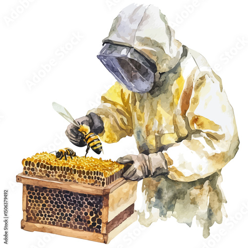Beekeeper, watercolor drawing vector, high quality, isolated on a white background.