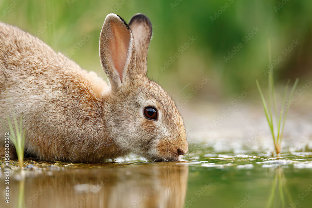 Fototapeta premium a rabbit is drinking water from a pond