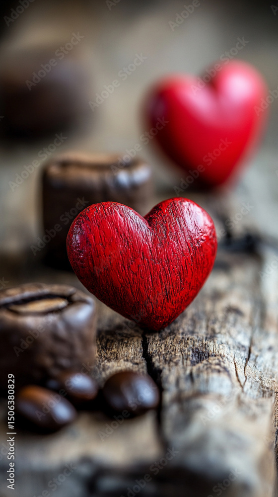 Obraz premium Heart-shaped arrangement of coffee beans on a light surface, symbolizing passion and love for coffee. Space for caption on the side adds room for text or promotional content.