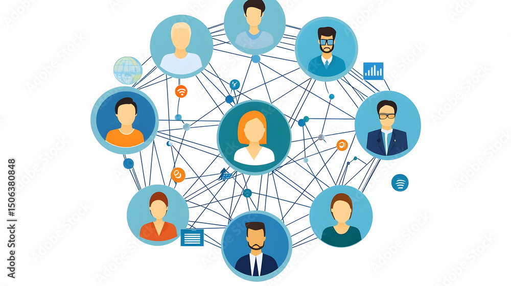 Connected Network of People with Communication and Interaction Icons Connected Network of People with Communication and Interaction Icons