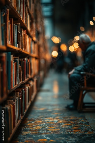 Elderly Man Reading in Library.