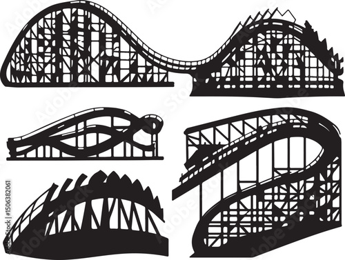 Black and White Roller Coaster Silhouette Vector Illustration - Amusement Park Ride Design
