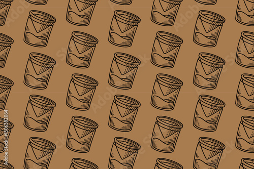 pour over coffee maker engraving line art seamless pattern on tan background. retro drip brew coffee glass hatching pattern wallpaper background for coffee shop, cafes, beverage, roastery merchandise