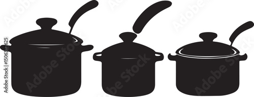 Black Silhouette Illustration of Three Cooking Pots with Lids and Handles Kitchenware