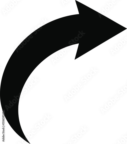 Short curved black arrow silhouette isolated on white background