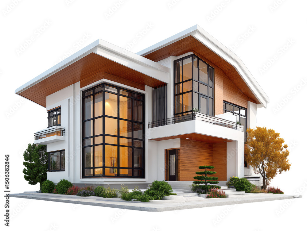 Fototapeta premium Modern Architectural Dream: A stunning, contemporary house with sleek lines and expansive glass windows, seamlessly blending indoor and outdoor living, epitomizing luxury and modern design.