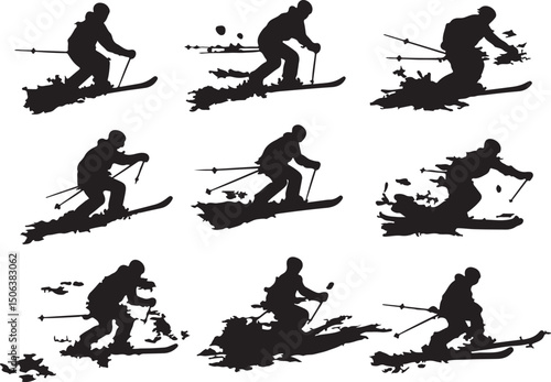 Silhouette Skiing Action: Winter Sport Vector Illustration of Downhill Skiers on Snow Slopes