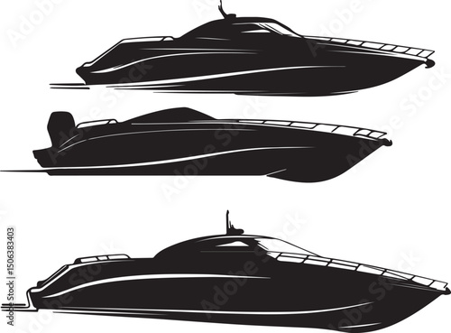 Black & White Vector Illustration of Sleek Modern Speedboats, Luxury Yacht Designs, Boat Silhouettes