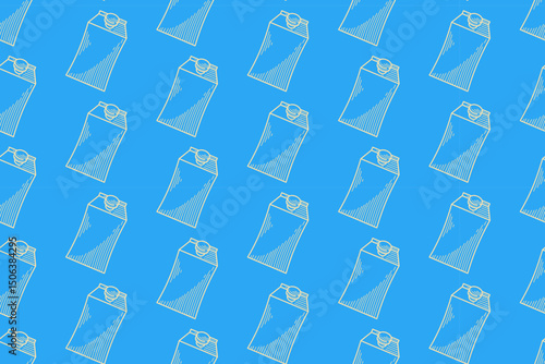 milk box container engraving line art seamless pattern on blue background. retro box of milk hatching pattern wallpaper background for dairy product, farm, grocery, health drink, cafes merchandise