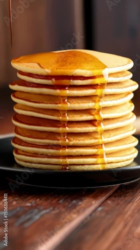 Wallpaper Mural Golden maple syrup cascading over a stack of warm pancakes on a rustic wooden table, creating a tempting and delicious breakfast scene. Torontodigital.ca