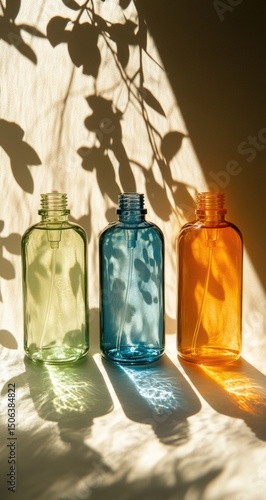 Three colored glass bottles, sunlight and shadows
