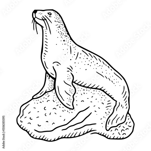 sea lion on rock sketch illustration