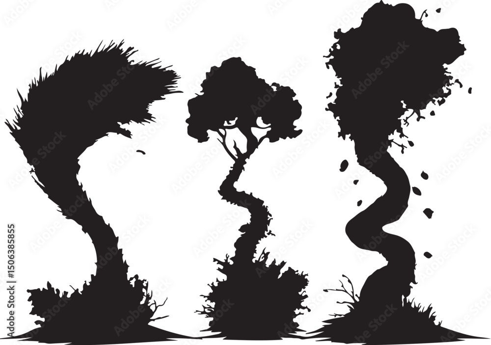 Fototapeta premium Silhouette of Twisted Trees: Abstract Nature Art, Dark Fantasy Forest Illustration