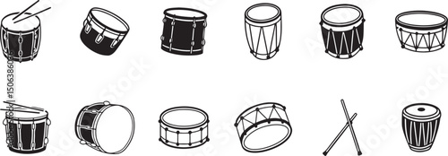 Set of drum icons and illustrations, percussion instrument collection in black and white, vector music symbols, isolated clipart design.