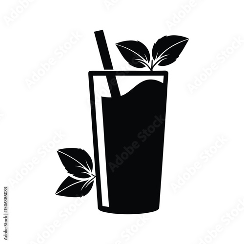 Black and white minimalist illustration of a refreshing minty drink with a straw and leaves for summer beverages