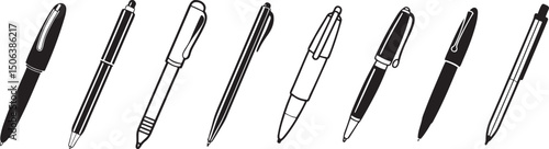 Set of hand-drawn sketch pens, ballpoint and ink pen icons in black and white, isolated vector illustration for stationery design.