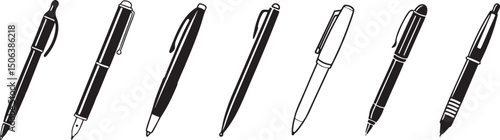 Set of hand-drawn sketch pens, ballpoint and ink pen icons in black and white, isolated vector illustration for stationery design.