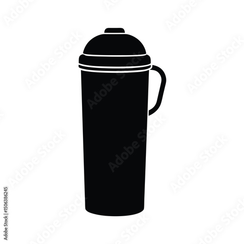 Modern design black and white illustration of a stylish reusable travel tumbler with handle and a secure lid for beverages