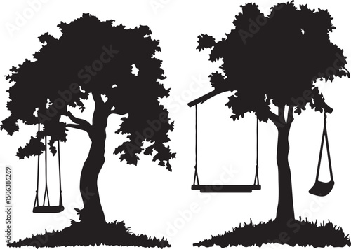 Silhouette of Tree Swings: Black and White Vector Illustration of Outdoor Recreation