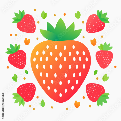 Vibrant Strawberry Harmony: A delightful illustration showcases a collection of strawberries in varying sizes, arranged in a cheerful composition, radiating freshness and deliciousness.