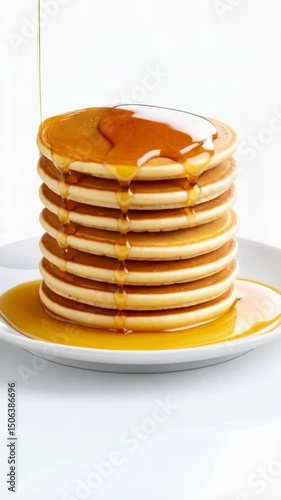 Wallpaper Mural Golden syrup pouring onto a tall stack of fluffy pancakes on a white plate, simple and delicious breakfast treat, sweet indulgence, comfort food. Torontodigital.ca