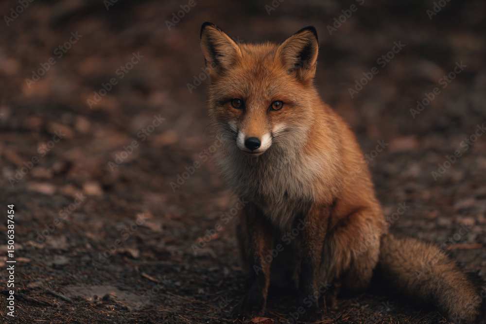 Fototapeta premium a fox sitting on the ground in the woods