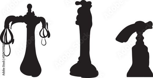 Black Silhouette of Vintage Faucet Set: Bathroom Fixtures, Plumbing, Classic Design Elements