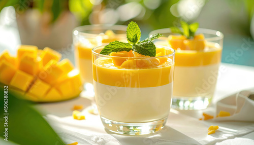 Creamy coconut mango panna cotta in glass cups with fresh mint garnish, beautifully styled and textured