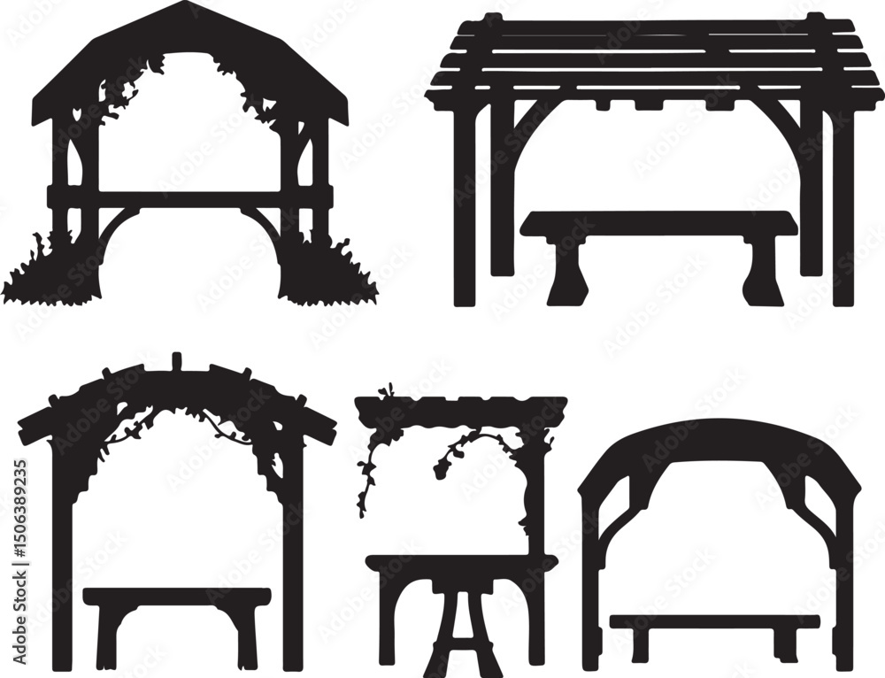 Fototapeta premium Silhouette Garden Structures: Arbors, Pergolas, Benches, Outdoor Decor, Landscape Design Elements