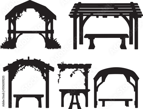 Silhouette Garden Structures: Arbors, Pergolas, Benches, Outdoor Decor, Landscape Design Elements