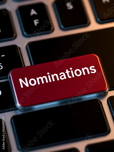 Nominations - part of the process of selecting a candidate for either election, or the bestowing of an honor or award, text concept button on keyboard